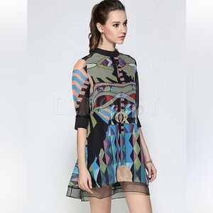 Vintage Print Gauze Splicing Bead Slim Skater Dress